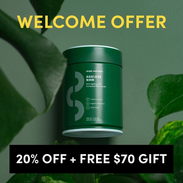 A high-quality 1:1 square graphic featuring an Ageless NMN supplement jar nestled in lush green foliage, promoting a clear welcome offer.
